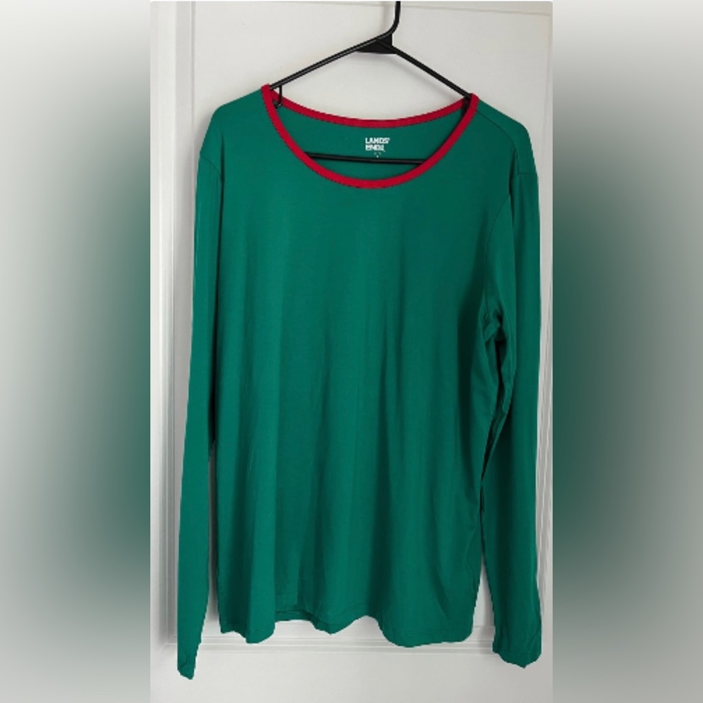 Lands End Green Long Sleeve Shirt with Red Trim